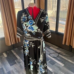 Floral Wrap Midi Dress - Black and Blue